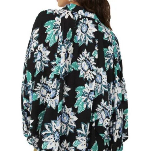FREE PEOPLE Good Vibrations Printed Blouse Floral Black Green - Picture 3 of 7